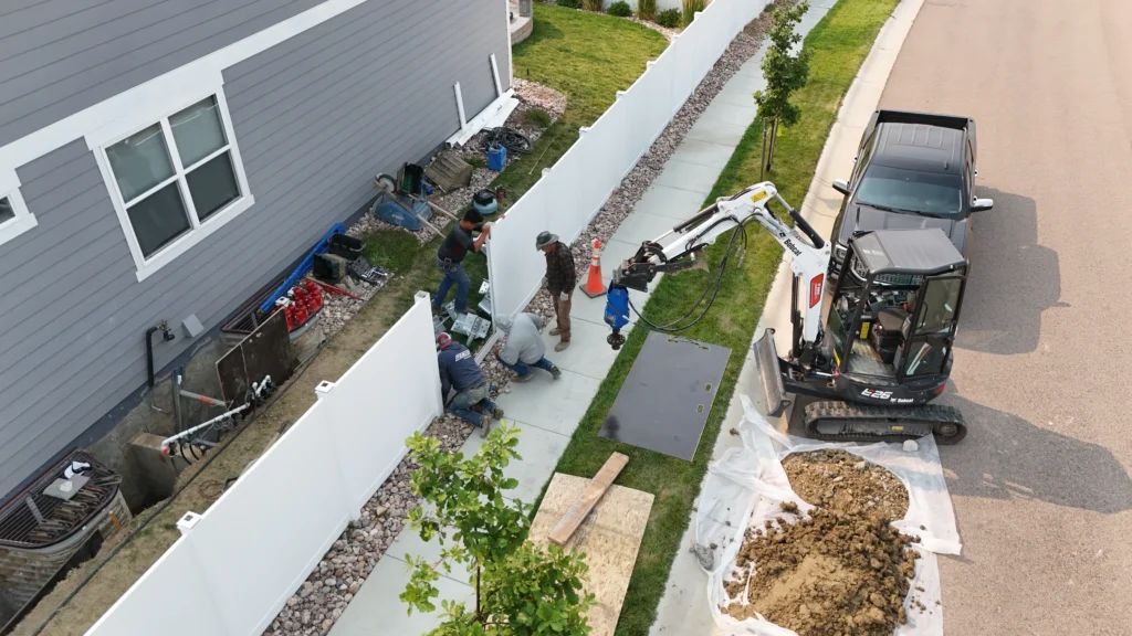 Fort August Construction crew installing helical piers along side of home for foundation stabilization