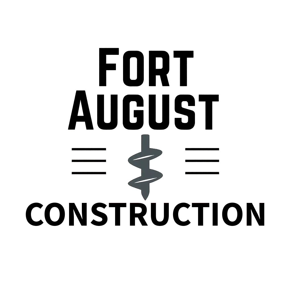 Fort August Construction logo featuring a black helical pier and bold text design