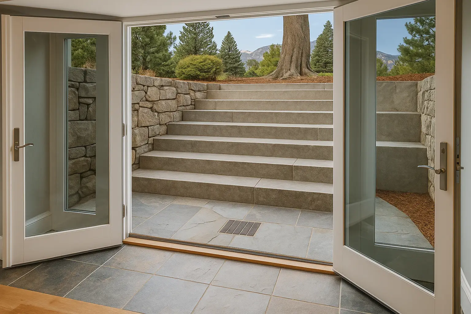 Fort August Construction basement walkout with egress doors, concrete stairs, and stone retaining walls
