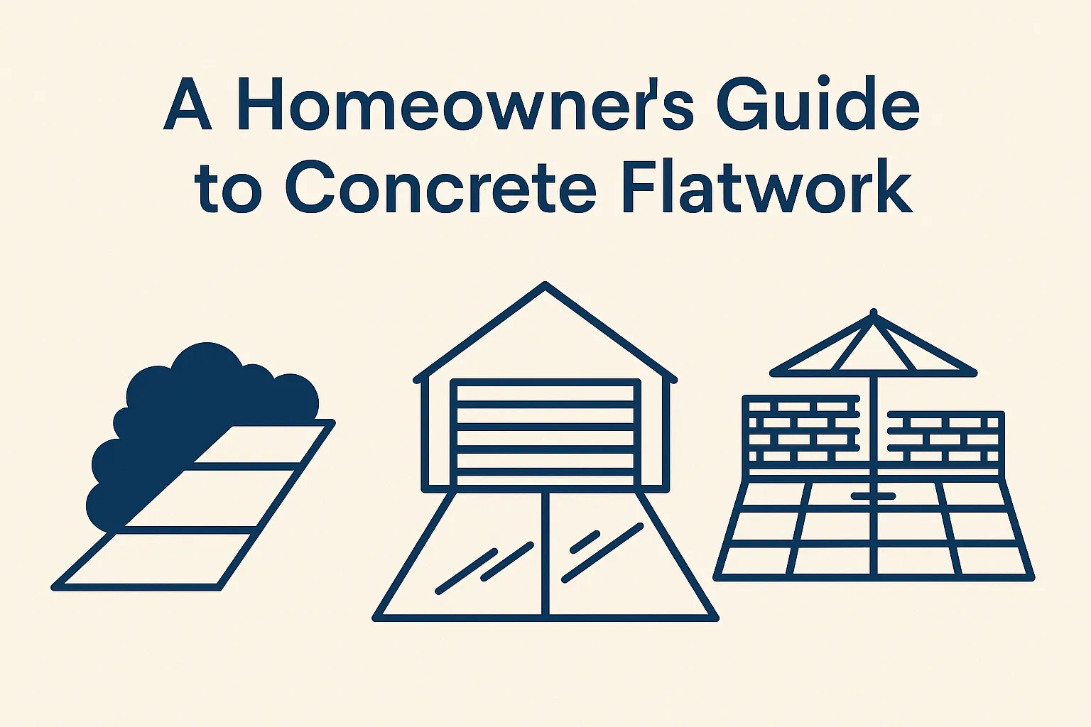 Fort August Construction homeowner’s guide to concrete flatwork with driveway, patio, and walkway illustrations