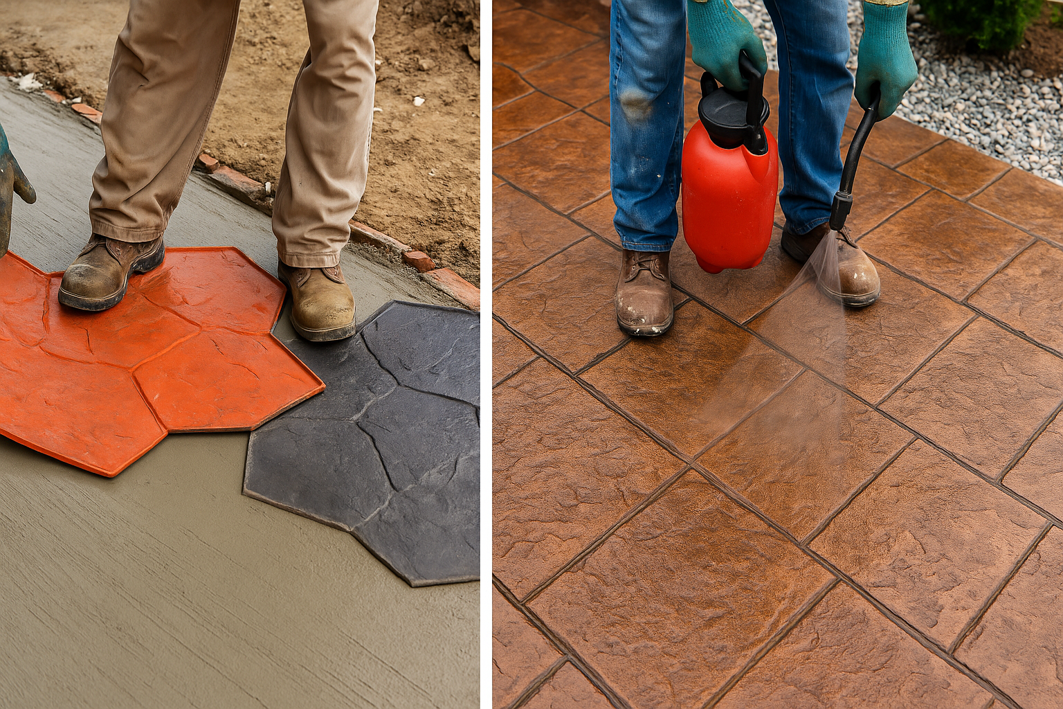 Fort August Construction workers stamping and sealing freshly poured decorative concrete patio.