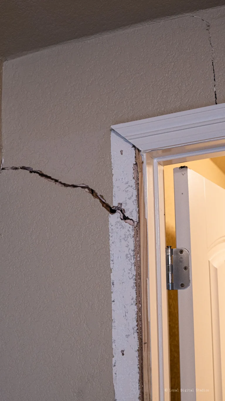 "Interior wall crack extending from door frame caused by foundation settlement and structural movement."